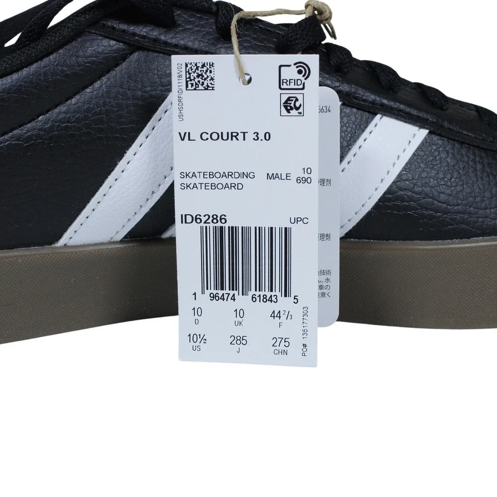 Adidas VL Court 3.0 Sneakers – Black with‎ Gum Sole – Size 10.5 US / 10 UK (New)